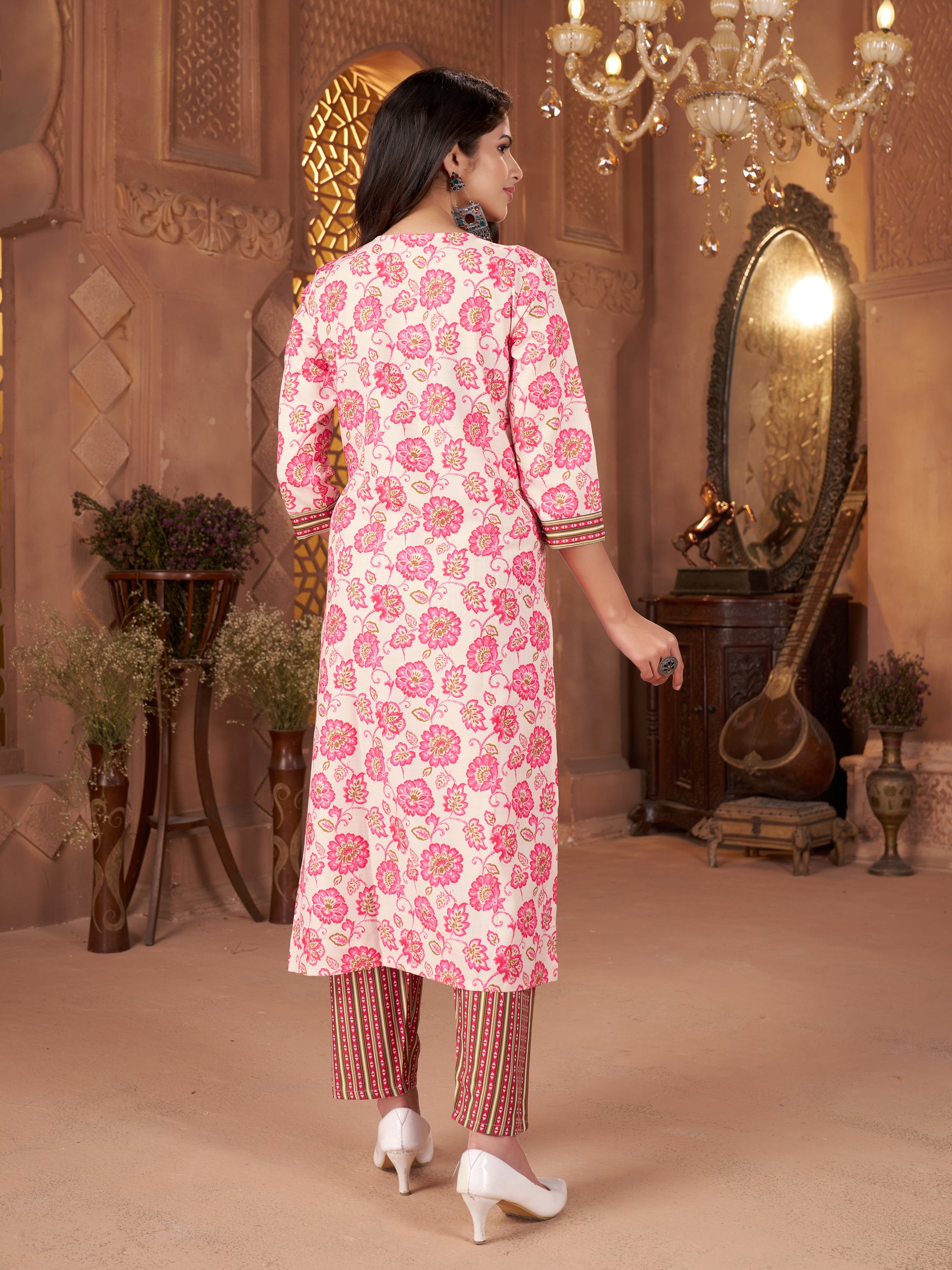 Kaairra Peach Pink Floral Co-ord Set, Kurta & Palazzo Pants