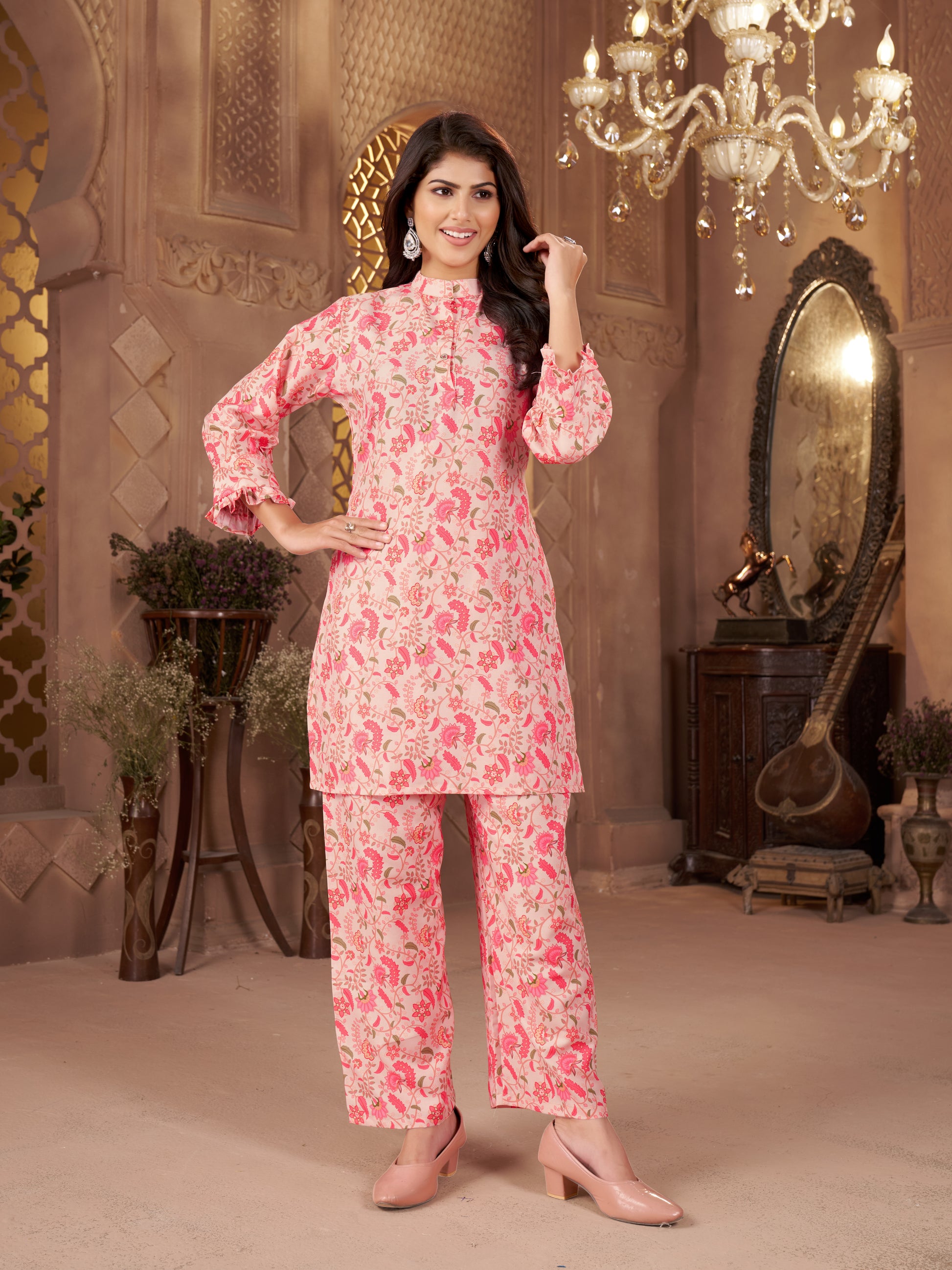 Kaairra Peach Pink Floral Co-ord Set, Kurta & Palazzo Pants