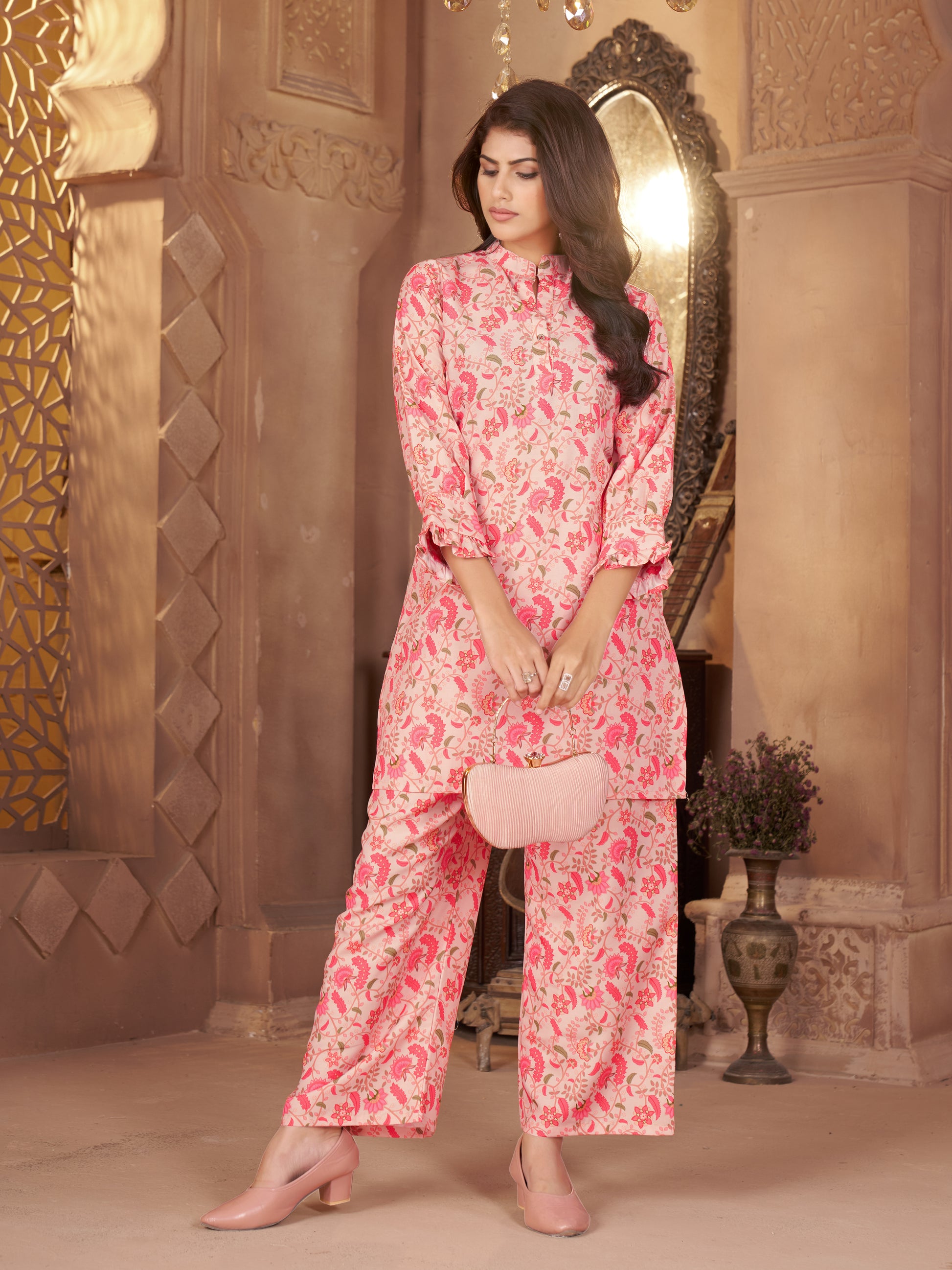 Kaairra Peach Pink Floral Co-ord Set, Kurta & Palazzo Pants