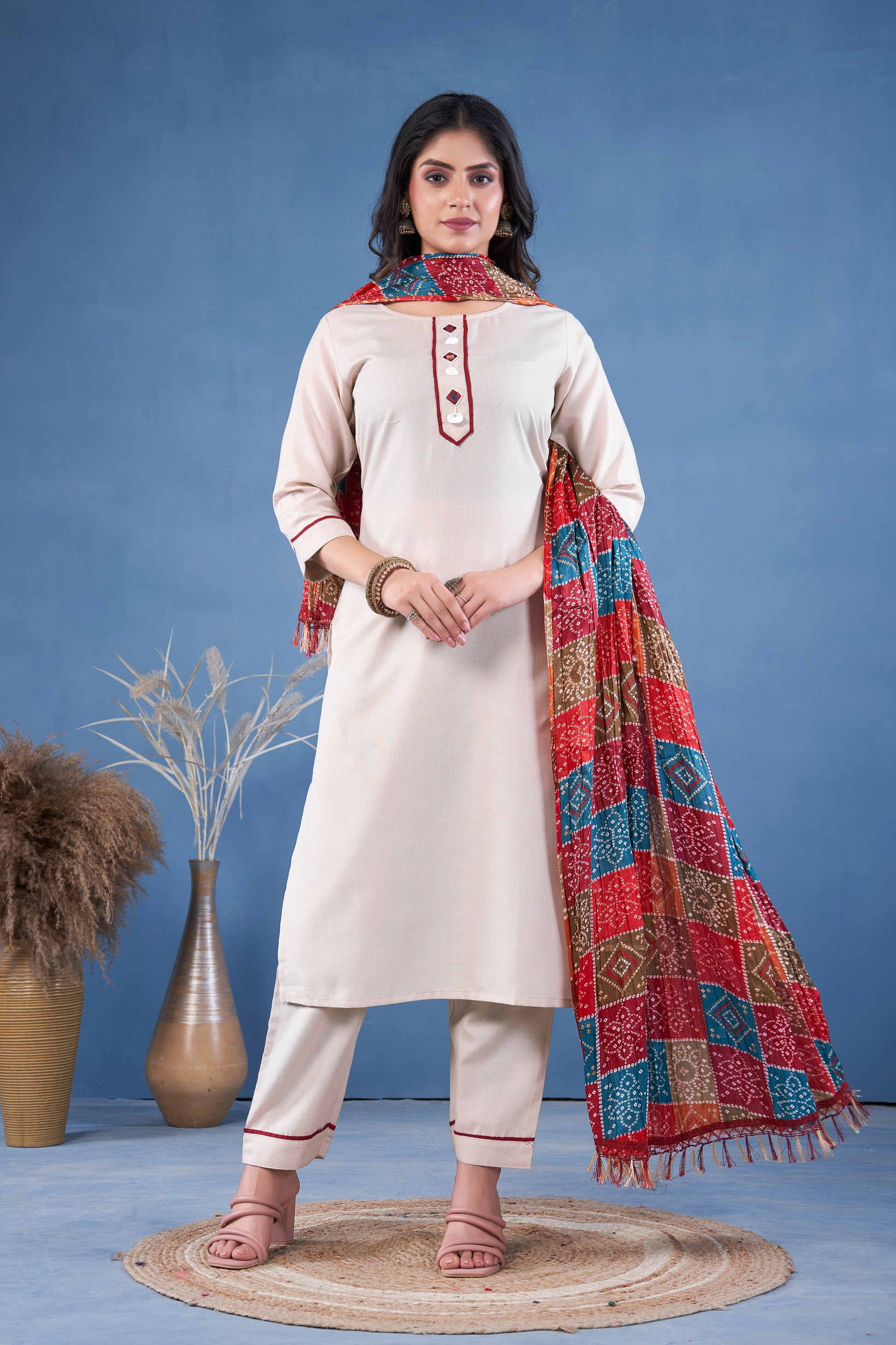 Kaairra Pure Cotton Mirror Work Kurti Set With Bandhej Dupatta