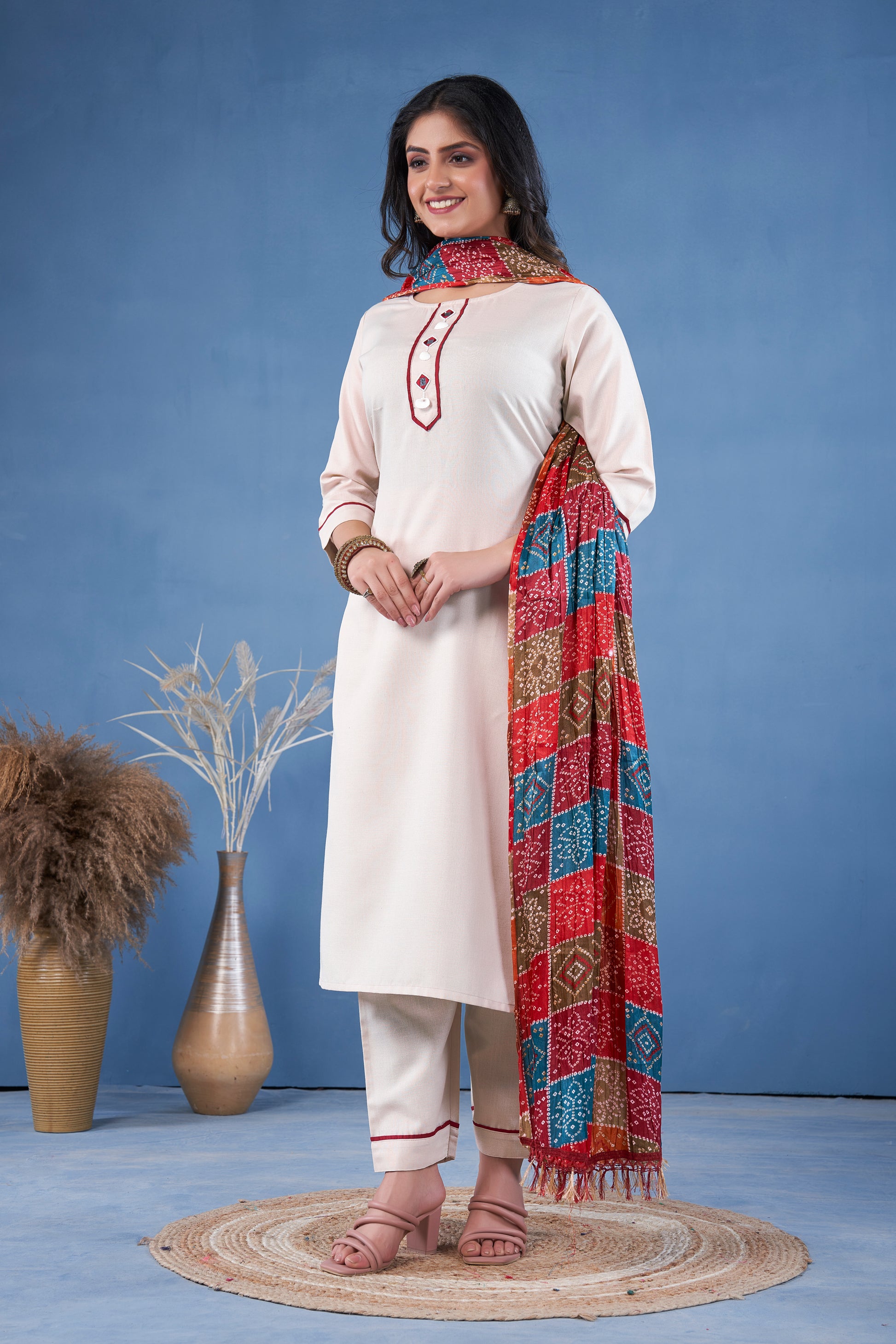 Kaairra Pure Cotton Mirror Work Kurti Set With Bandhej Dupatta