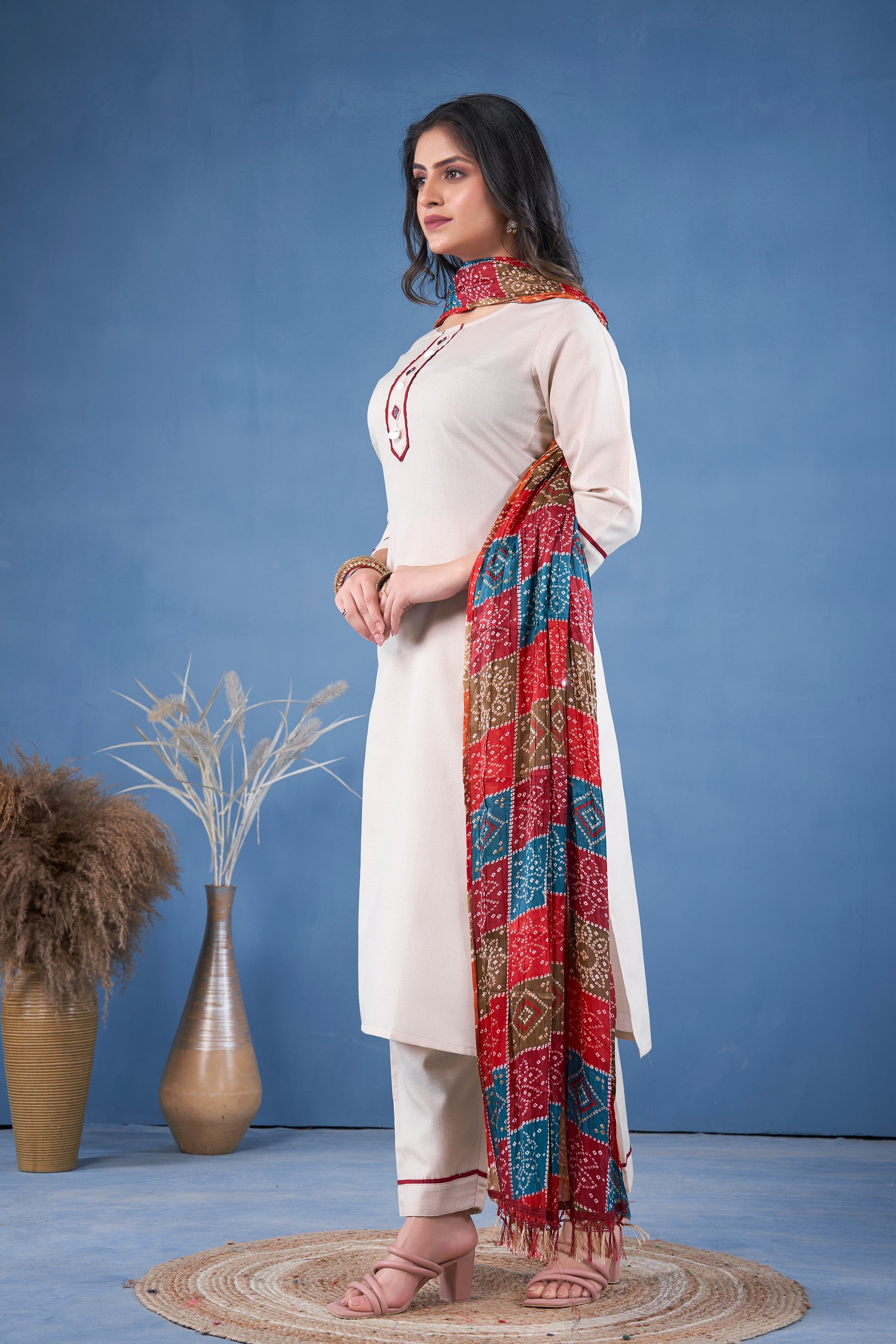 Kaairra Pure Cotton Mirror Work Kurti Set With Bandhej Dupatta